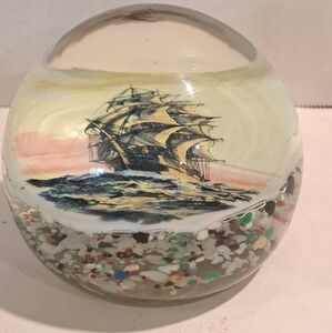 Vintage American Thomas Mosser Art Glass Paperweight Encased Pirate Ship Plaque.